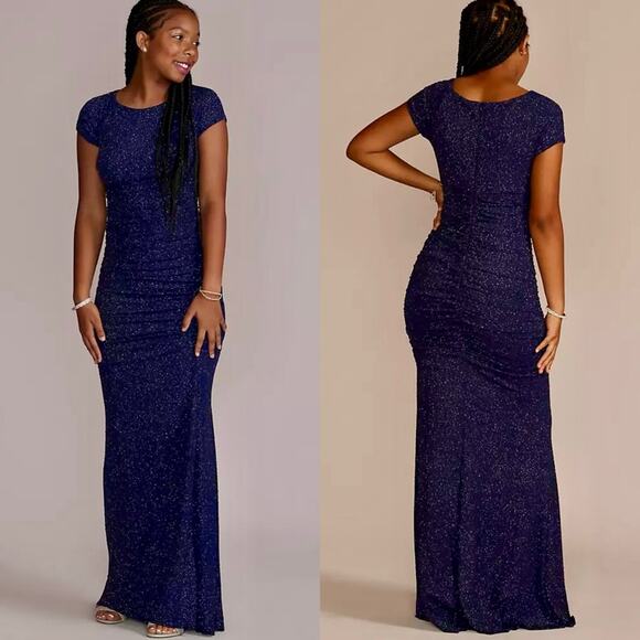 Jules & Cleo Ruched Glitter Knit Cap Sleeve Sheath Stretch Gown Navy Plus Sz 2X - Picture 1 of 16